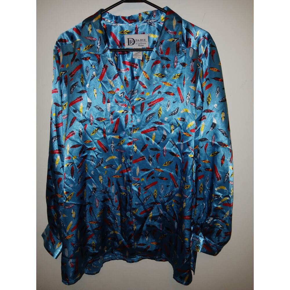 Da-Rue Silky Turquoise Red Feather Print Button Up Career Blouse 18W Shirt Top